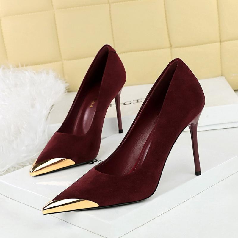 European American Banquet Women's Shoes High Heels Thin Heels  Suede Shallow Mouth Metal Pointed Toe Iron Toe Slim Single Shoes