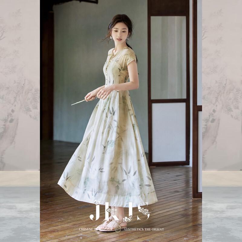 JK&JS Qingzhuxu Guofeng Tencel Linen Floral Cheongsam Dress