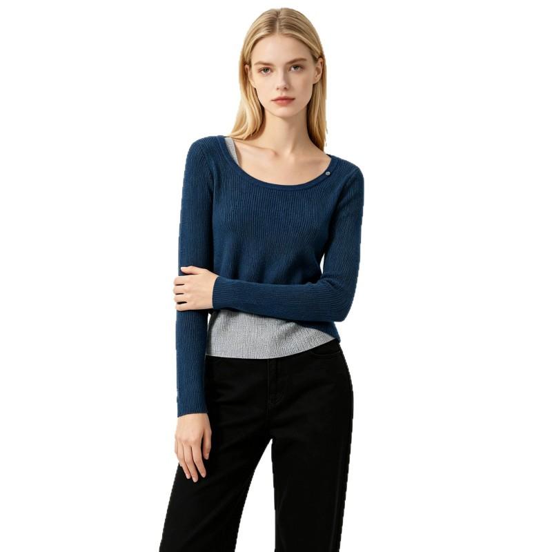 Womens Early Knit Top Asymmetrical Color-Block Ribbed Crewneck Slim Fit Pullover