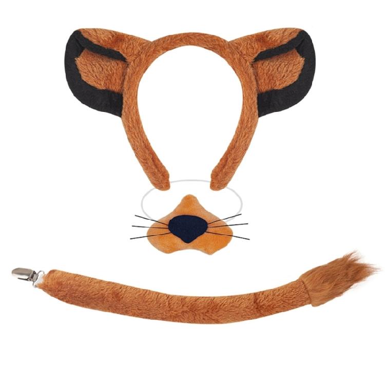 Set Cerchietto Capelli Leone Coda Peluche Naso Finto Orecchie Cane Fascia Gonna a Rete Marrone Set Cosplay Animali per Halloween