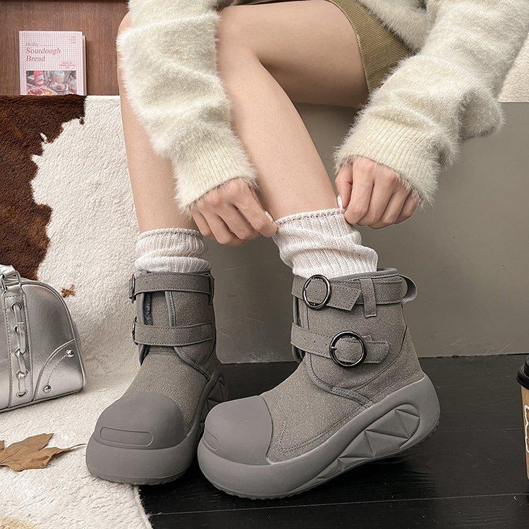 Höhenverstärkende Schneestiefel mit dicker Sohle für Damen, Herbst 2025, neue hässlich-süße Kurzstiefel mit großem Kopf, Samt, warm, kleine Baumwollstiefel