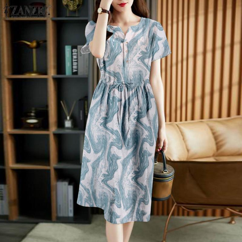 

ZANZEA Ретро Принт Лето V-образный вырез Короткий рукав Женское платье