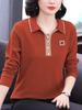 Elegant Cotton Lapel Long-Sleeve T-Shirt for Women In Their 50s - Autumn & Winter Fashion