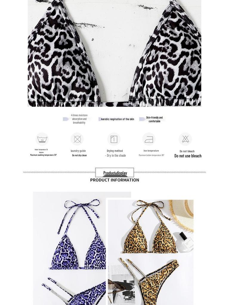 Leopard Print Rhinestone Bikini - European and American Sexy Split Swimsuit