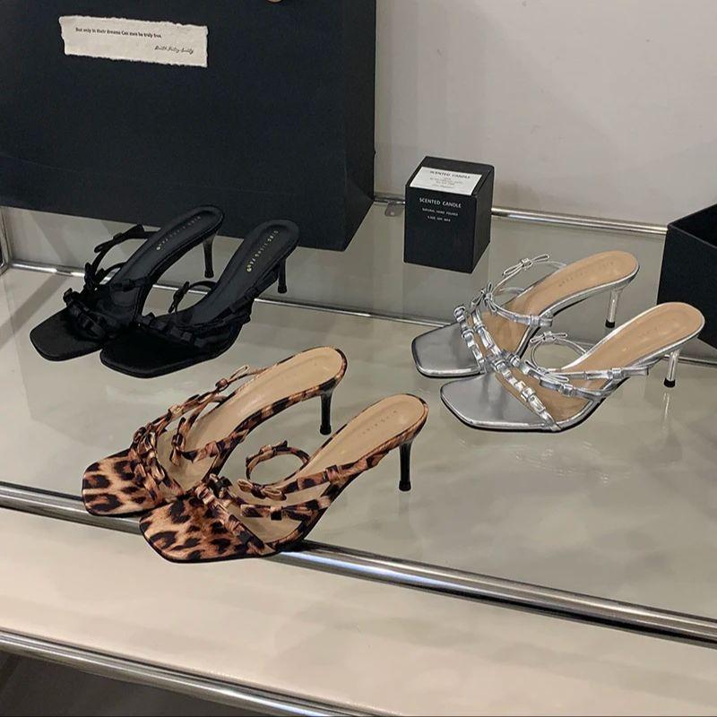 Fashion Bailamos Summer Fashion Band Woman Slippers Leopard Narrow Thin Low Heels Party Stripper Ladies Mules Slides Zapatos Mujer