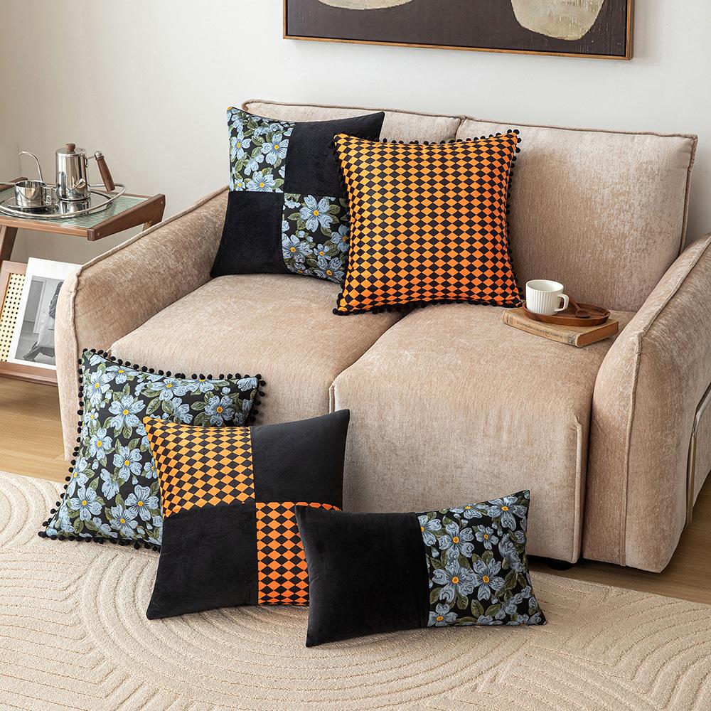 Houndstooth Splicing Pillow Case Sofa Decoration Cushion Cover Living Room Bedroom Waist Pillow Velvet Ball Pillow
