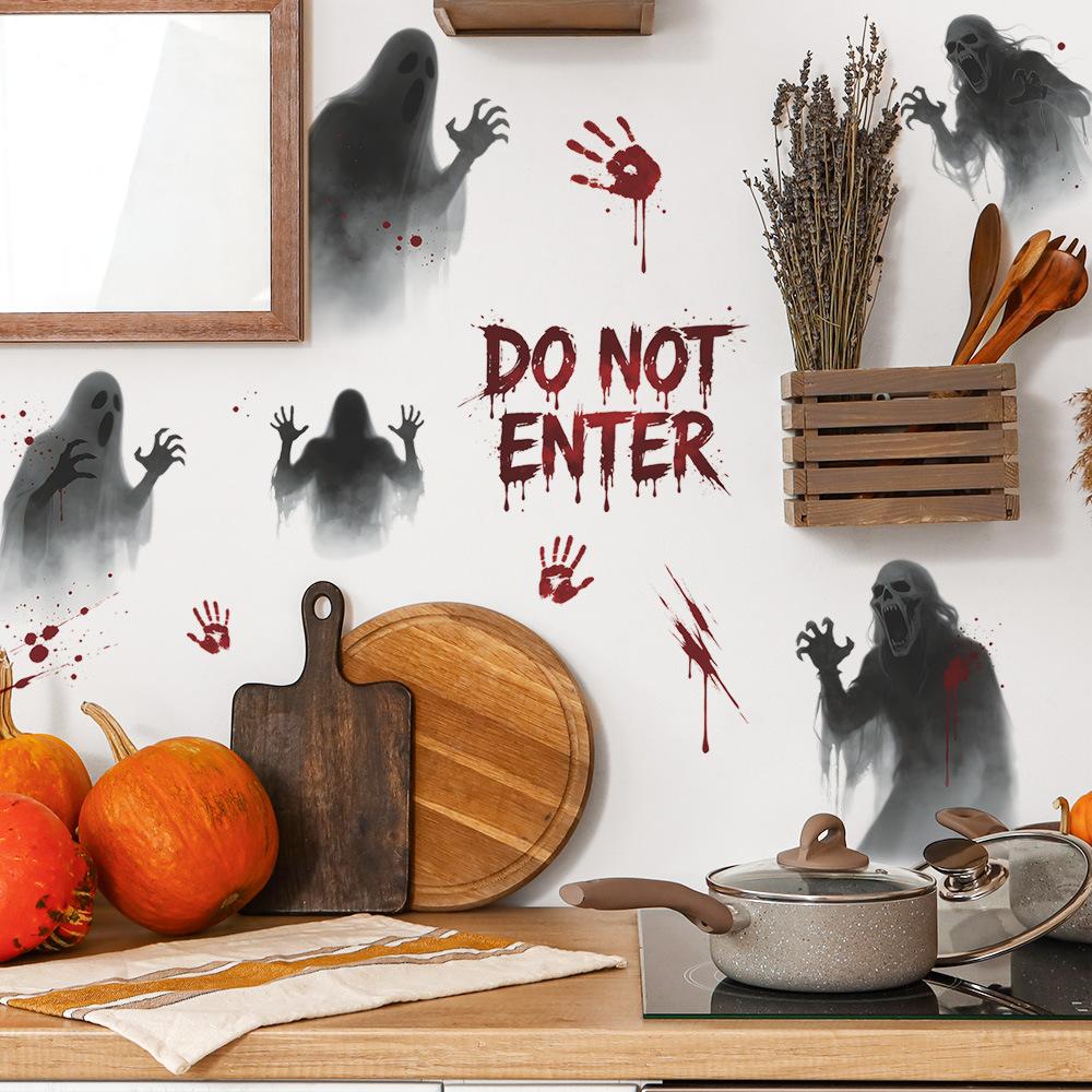 Halloween Terrifying Faceless Ghost Bloody Handprints on Balcony, Window Glass, Window Stickers
