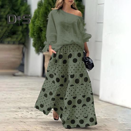 2 Pcs/Set Women T-shirt Pants Set Slant Neck One Shoulder Long Sleeve Bow Cuff Top Loose High Waist Wide Leg Printed Long Trousers Casual Dating