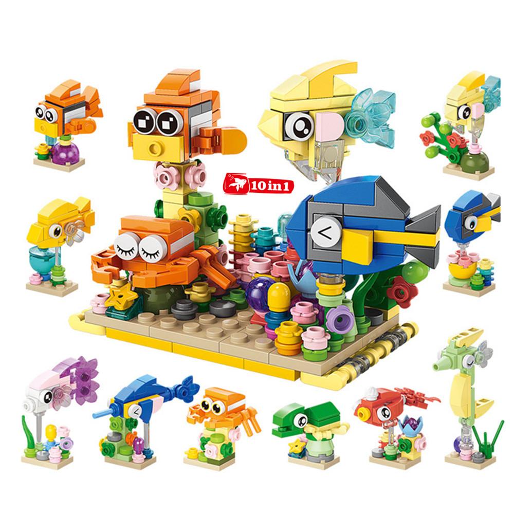 Animals World Insect Fish Bird Dog Elephant Panda Giraffe Honeybee 10 In 1 Building Blocks Kit Bricks Model Kids Toy Children