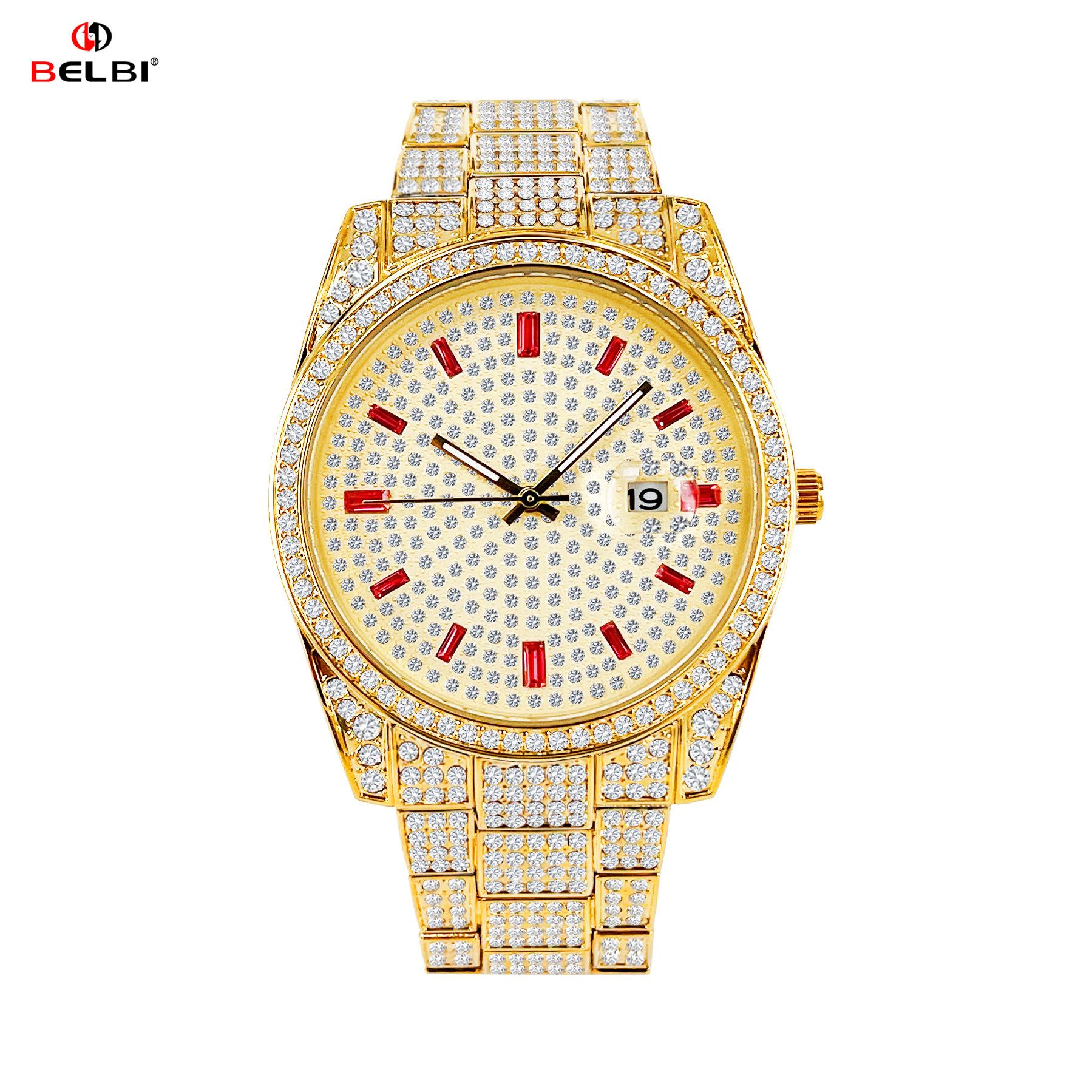 

Rhinestone Dress Watch Sparkling Iced Out Analog Watch with Calendar Luminous Pointer Waterproof Watch for Men Women золотой