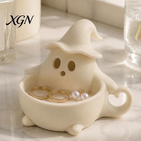 White Trinket Tray 3D Printed Halloween Ghost Bowl, Trick or Treat Snack Candy Storage Bowl Serving Decorative Dish, Party Supplies Nut