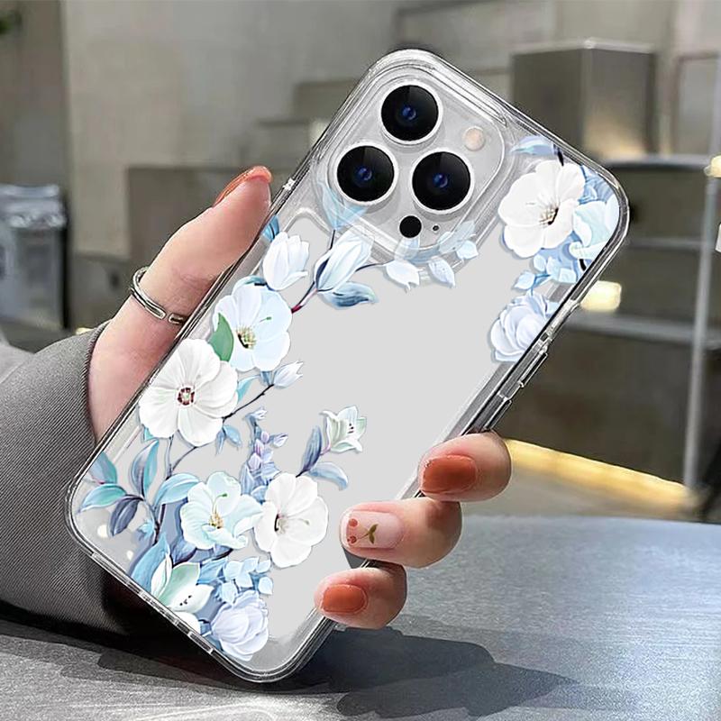 White Peony Cartoon Floral Case For iPhone 17 Pro Max Coque iPhone 16 15 14 13 12 Pro Max 11 Clear TPU Silicone Soft Cover