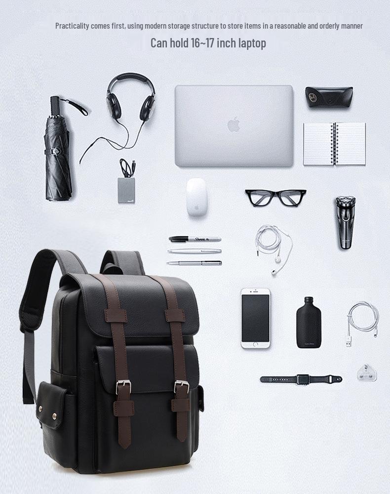 Large-Capacity PU Leather Backpack for Business, School, and Travel