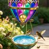 Patio Porch Bird Decor Stained Glass Hot Air Balloon Feeder Fountain, Hanging with Water Fountain Easy Fill Tray, Vintage Bronze Outdoor Garden