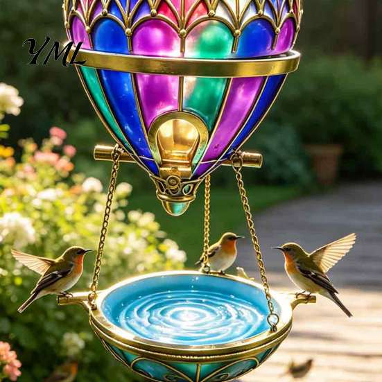 Patio Porch Bird Decor Stained Glass Hot Air Balloon Feeder Fountain, Hanging with Water Fountain Easy Fill Tray, Vintage Bronze Outdoor Garden