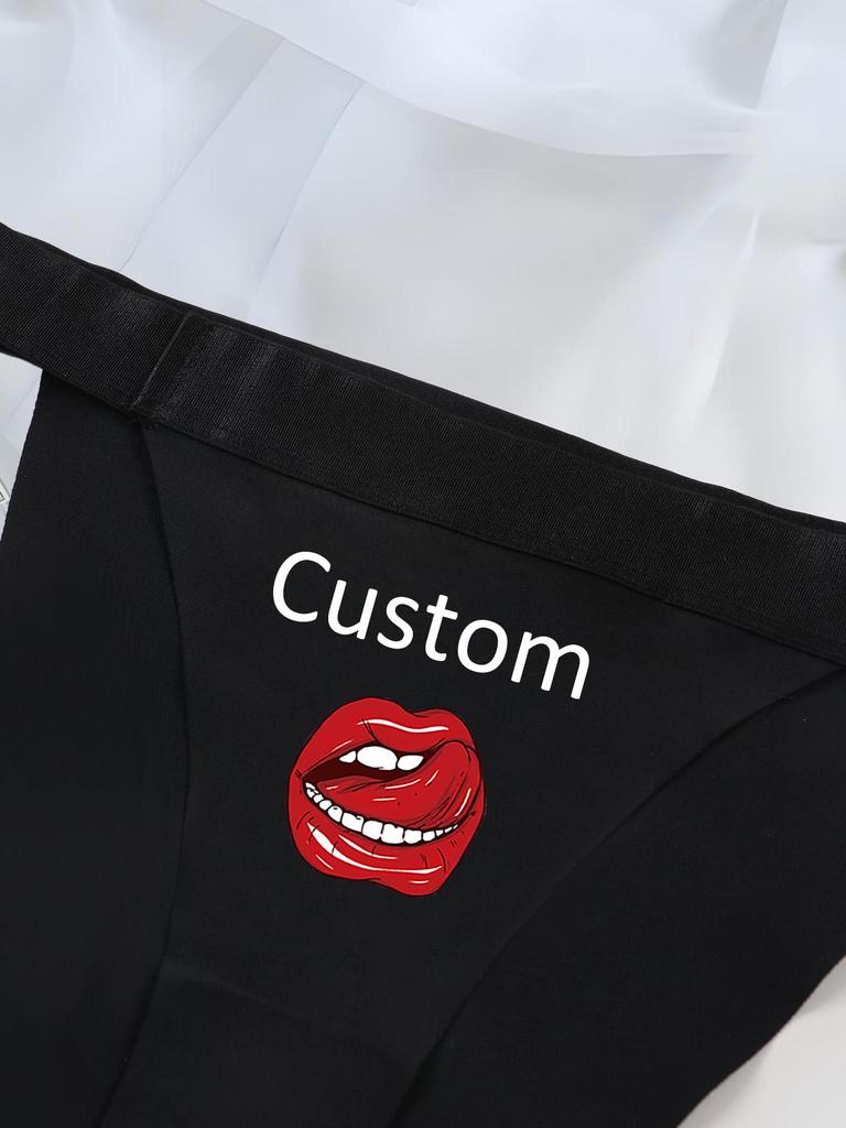 Calcinha fio dental sexy feminina, estampa de texto personalizada, calcinha confortável, cintura baixa, fio dental