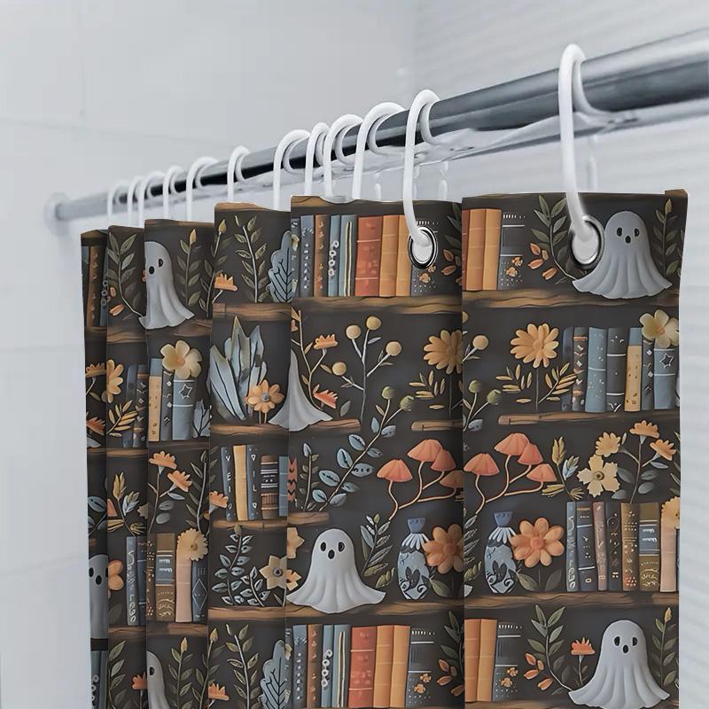 Spooky Halloween Shower Curtain with Ghost and Bookshelf Design - Perfect for a Fun and Festive Bathroom Decor Easy-Clean