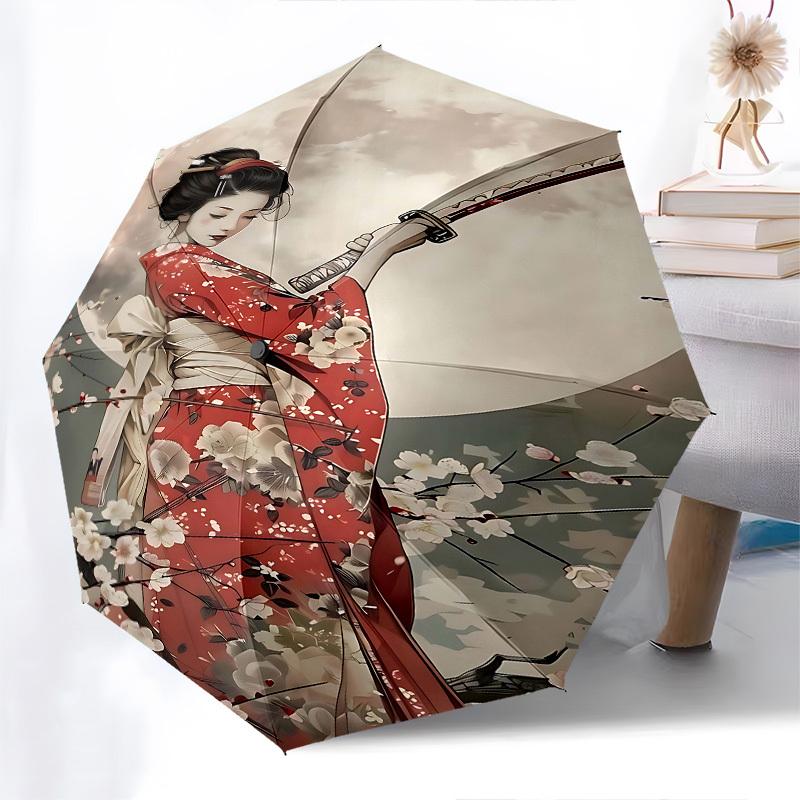 1pc cherry blossoms kimono umbrella with 8 iron ribs and a plastic handle, automatic opening and closing, portable and foldable1057