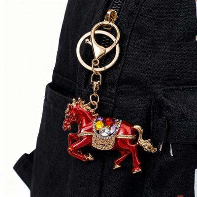 Schlüsselanhänger Anhänger Chinesischer Stil Strass-besetzt Ölgemälde 3D Tierkreis Pferd Design Schlüsselanhänger Metall Charm Taschen Schlüsselring