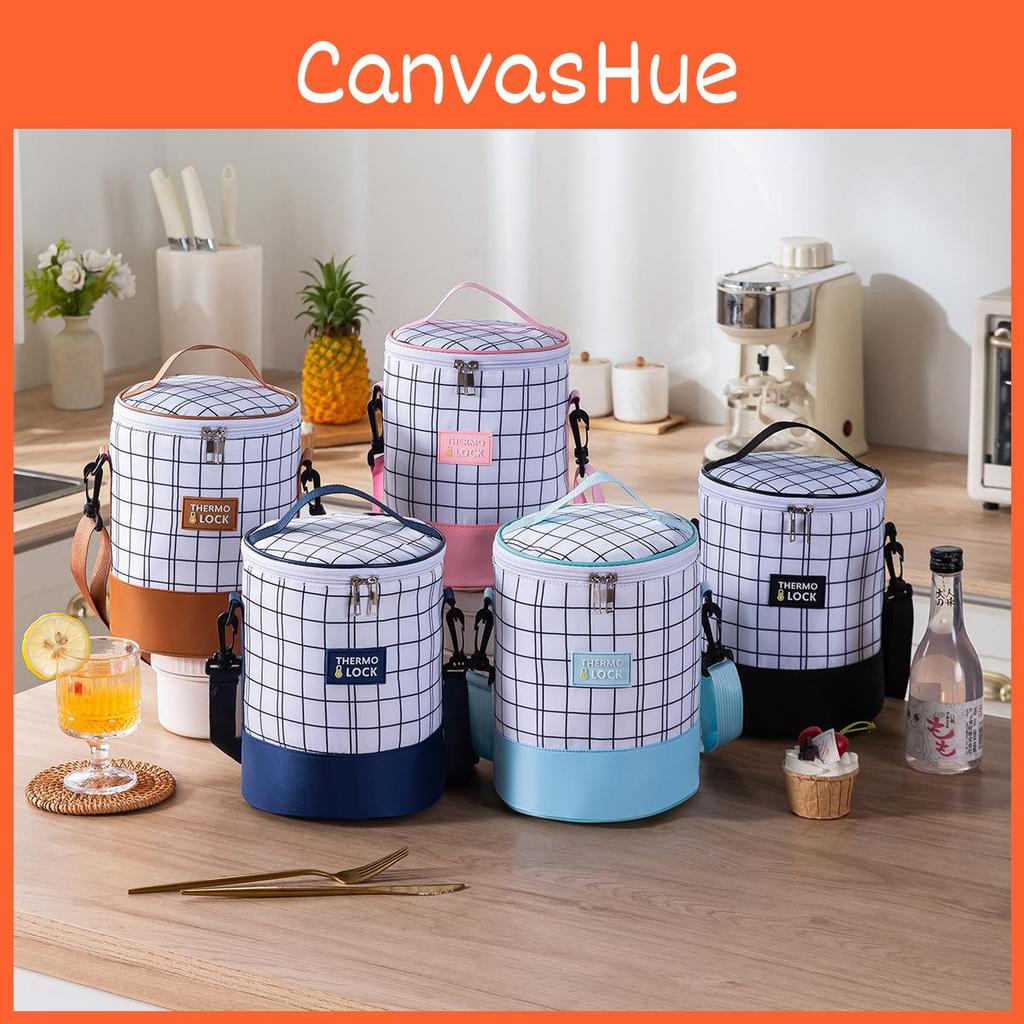 Simple Cylindrical Heat Preservation Bento Bag With Grid Design And Letter Print