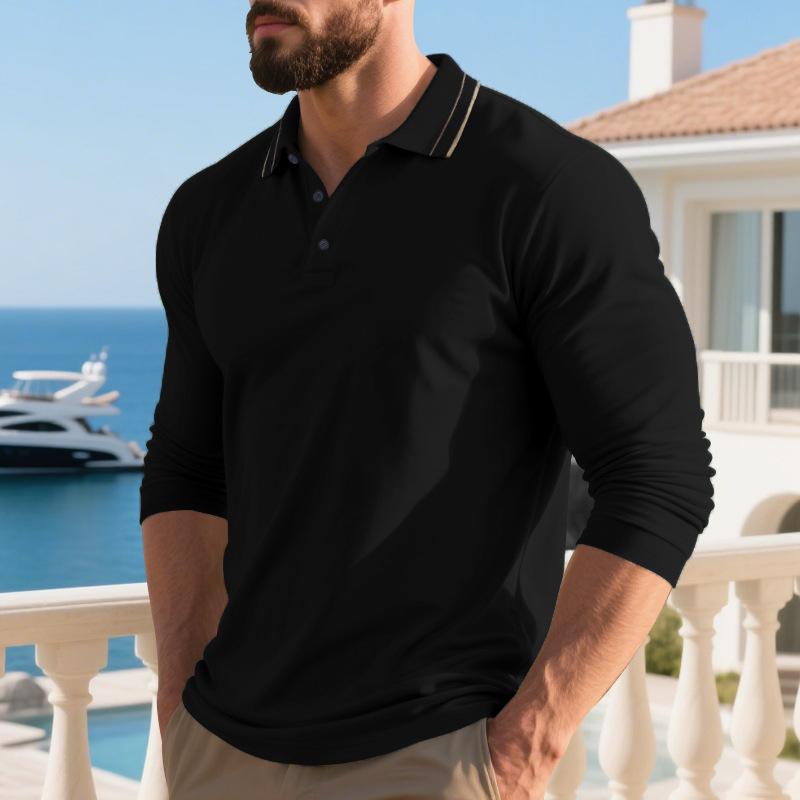 Men's Autumn American Style Long Sleeve Polo Shirt, Pique Mesh Casual Golf Simple Color Block Collared Polo for Men
