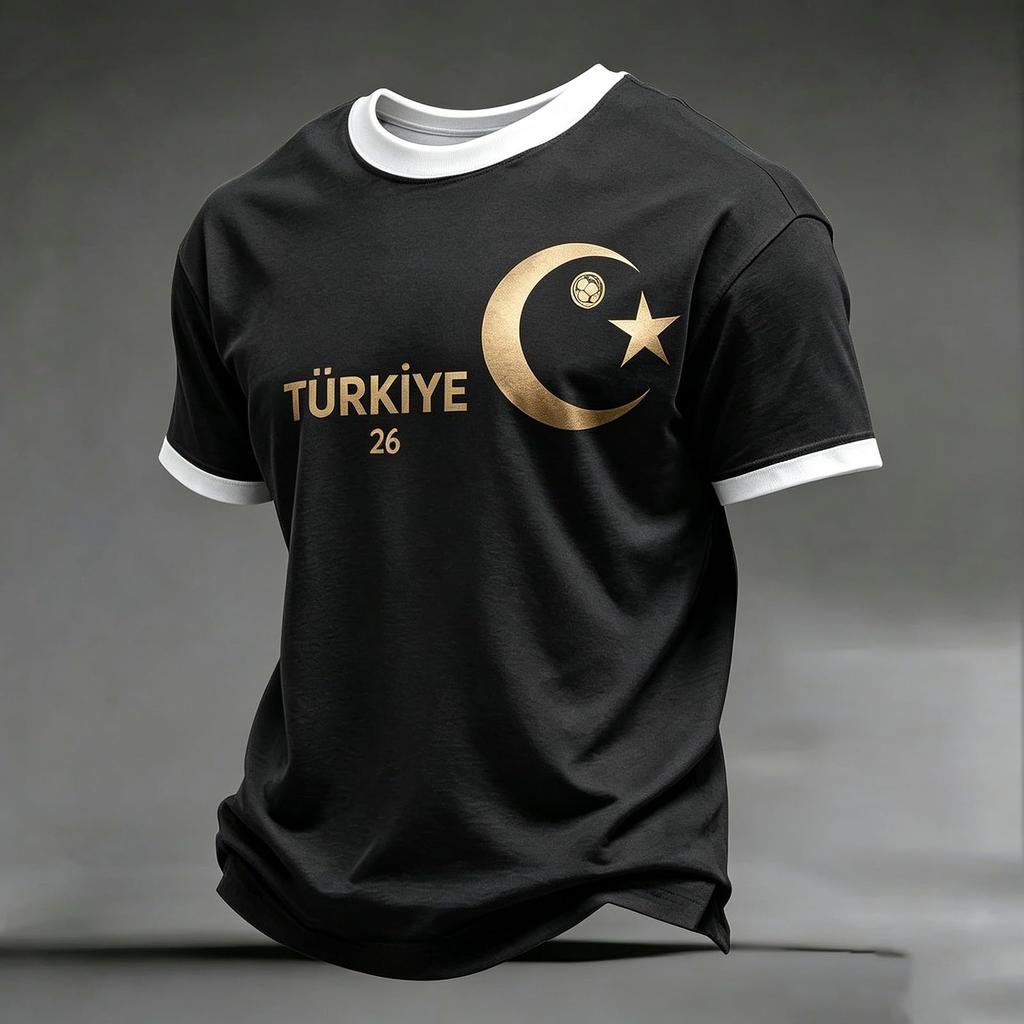 Men's Casual Crew Neck Short Sleeve Pullover T-Shirt with Football Fan Graphic Print World Cup Supporter Top Turkey Design