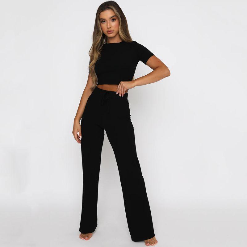 

Solid Color T-shirt Wide Leg Pants Set Pure Color Short Sleeve T-shirt Loose Pants Suit Black S