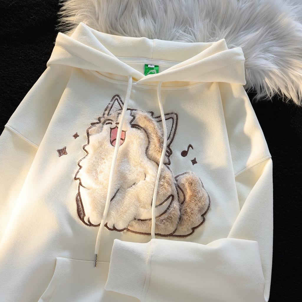 Japanese cute cat 3D three-dimensional flocking hooded sweater women's 2025 new loose student pullover jacket