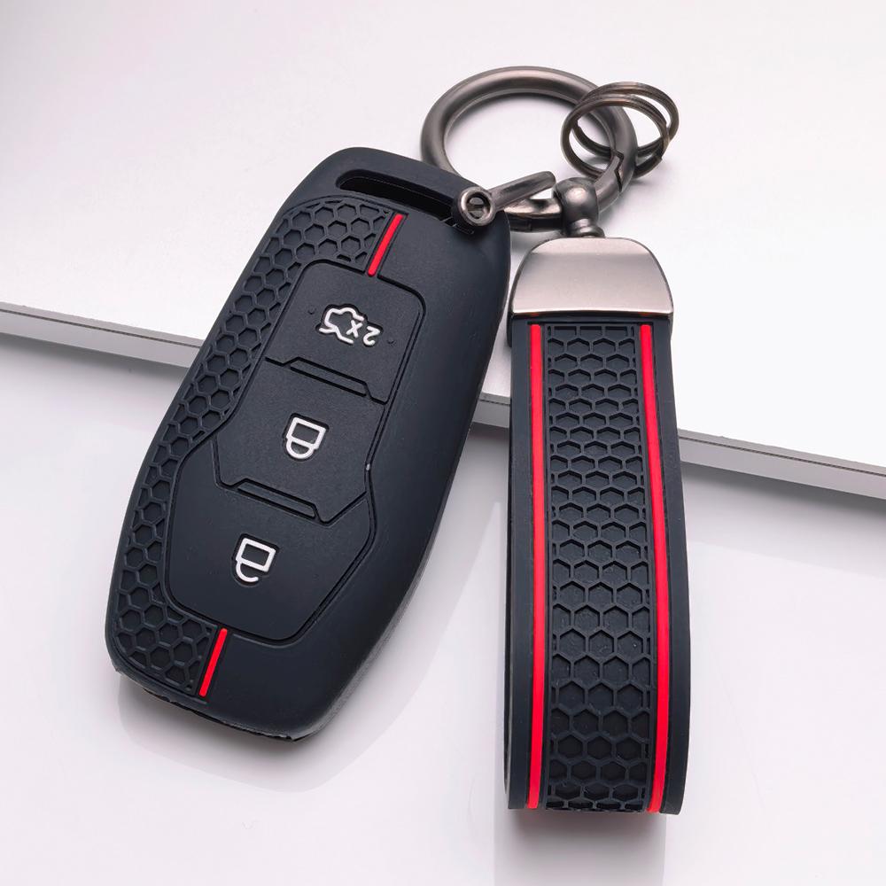 Silikonowe etui na kluczyk z brelokiem do Forda 3-przyciskowego kluczyka Smart, Pasuje do Forda Focus Mondeo Kuga Escape MK4 Mustang, Z antypoślizgowym uchwytem o strukturze plastra miodu