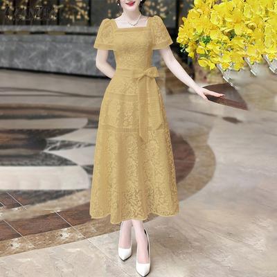 Women Casual Square Collar Summer Short Sleeve Lace Dress Elegant