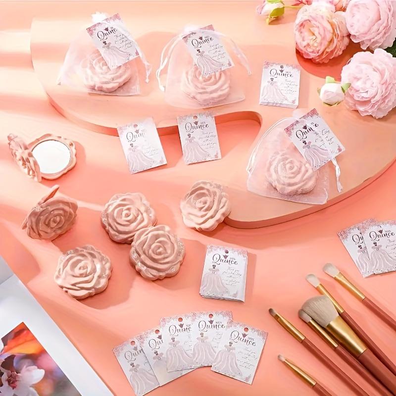 12pcs Pink Rose Compact Pocket Mirrors 3D Floral Compact Small Mirror Plastic Frame Folding Double-Sided Handheld Makeup Mirrors
