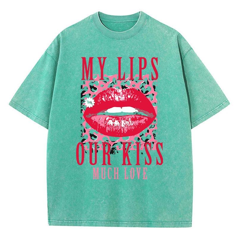 Cotton Womens Acid Wash T-Shirts My Lips Our Kiss Letter Printing Tee Shirts Comfortable Oversized Tops Street Clothes