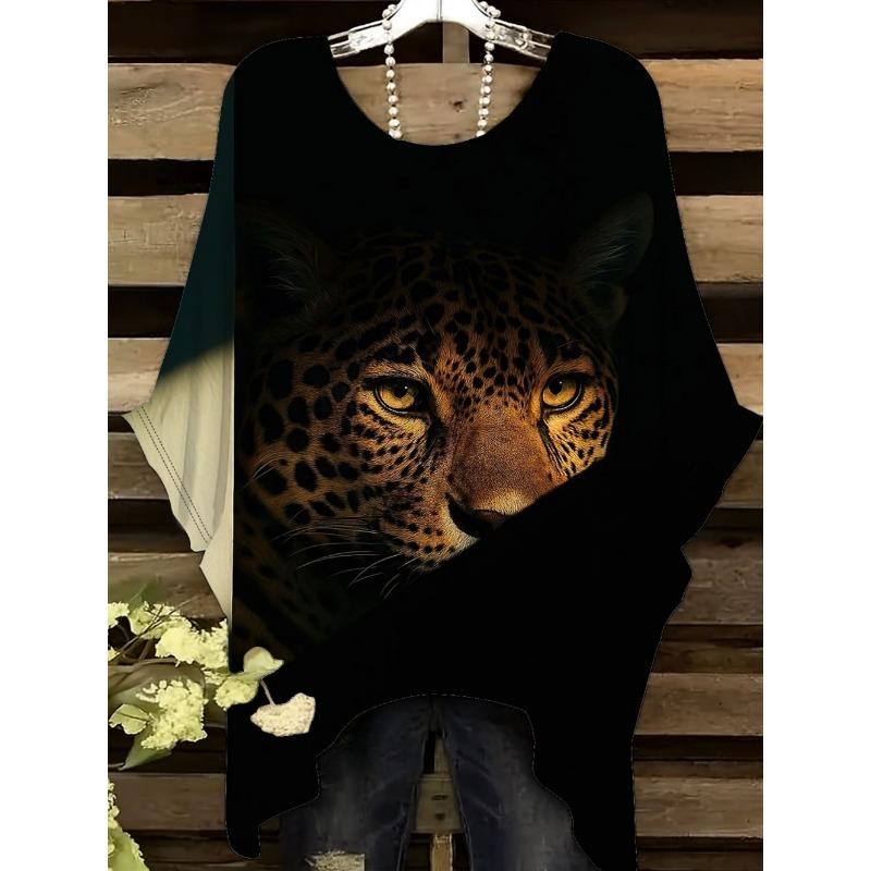 Camiseta de Mujer Moda Leopardo Impresión 3D Tops Verano Sexy Cuello Redondo Manga Corta Camiseta Calle Casual Holgada Ropa de Mujer