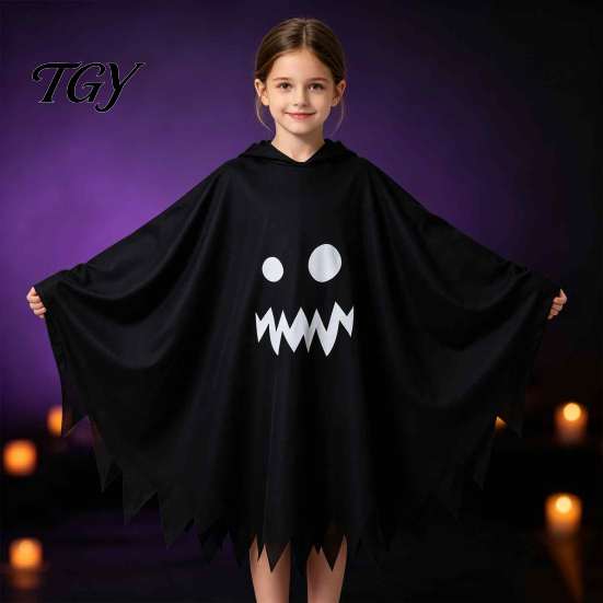 Spooky Cosplay Cloak for Boys Girls Hooded Ghost Costume, White/Black Cape Costume Kids Adults, Cute Face Party Dress Halloween Outfit with Wave Edge