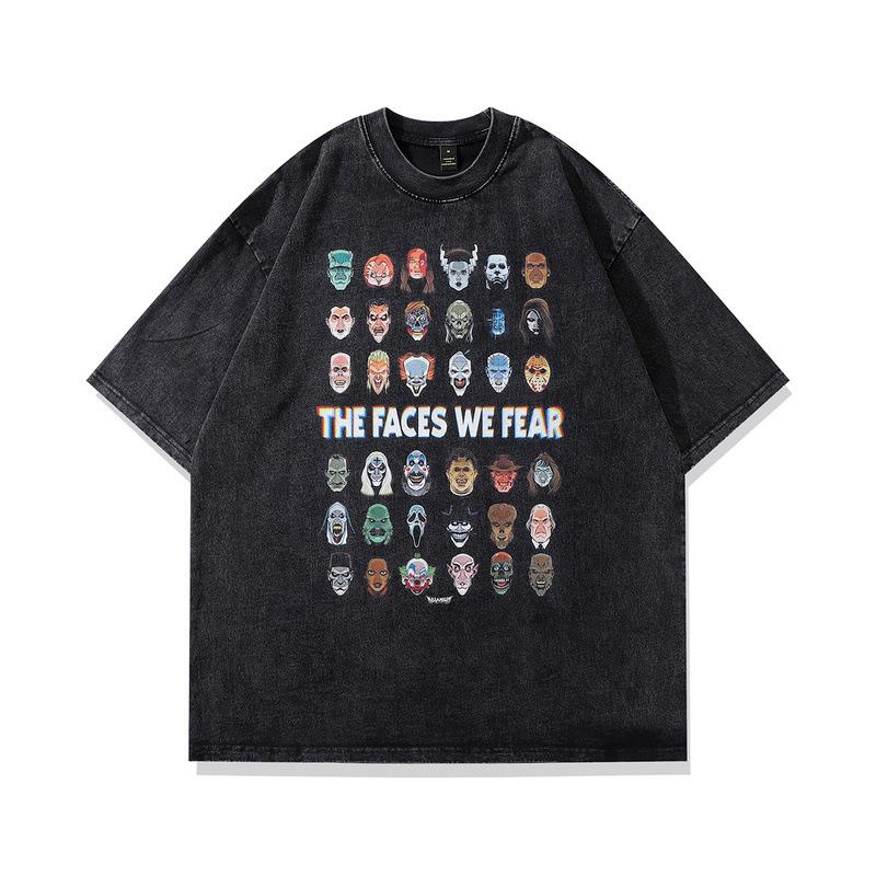 High Street Vintage Old Washed Cartoon Printed Short Sleeve T-Shirt Men'S And Women'S Bf Style Hip Hop Loose Half Sleeve Top