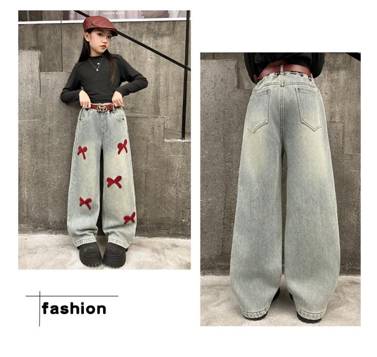Girls' Chenille Bow Embroidered Fleece-lined Wide-leg Jeans - Stylish Autumn/Winter Slimming Pants