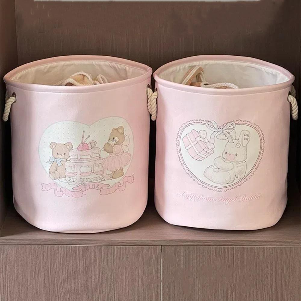 Cute with Handles Laundry Basket Cartoon Bear Rabbit Large Capacity Toys Storage Basket Round Foldable Clothes Basket Bedroom