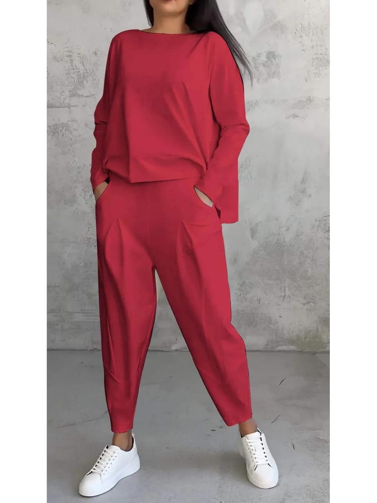 2025 Women's Solid Color Round Neck Long-Sleeve Suit with Pocket Pants