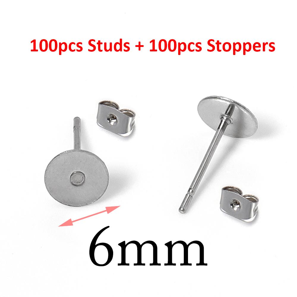 100pcs Gold Color 316L Stainless Steel Earring Studs DIY Ear Blank Post Pins 3-12mm Flat Round Tray Base Ear Jewelry Making DIY