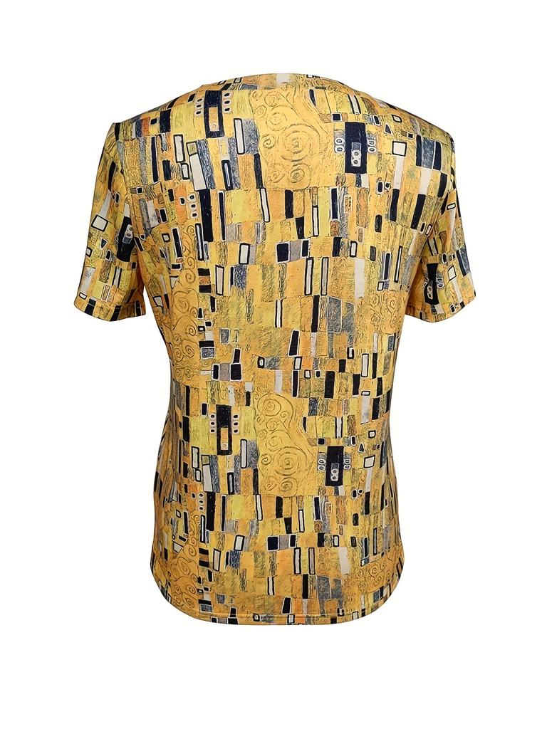 Mustard Yellow Women's Tee - Art Deco Geometric Pattern Graphic, Stylish Retro Print Design for Casual Daily Wear