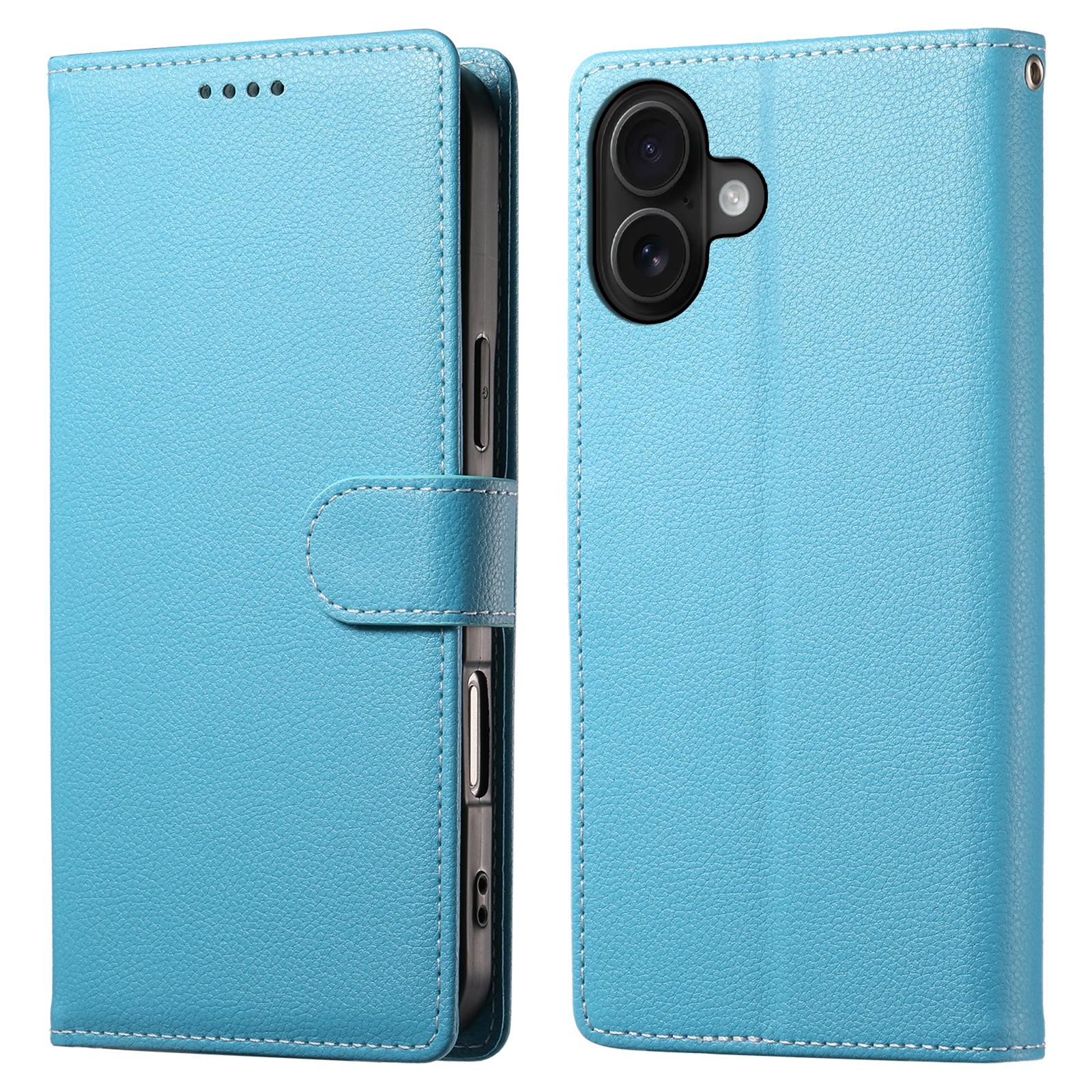

For iPhone 17 Case Magnetic Snap Litchi Texture Leather Wallet Phone Cover with Wrist Strap Sky Blue