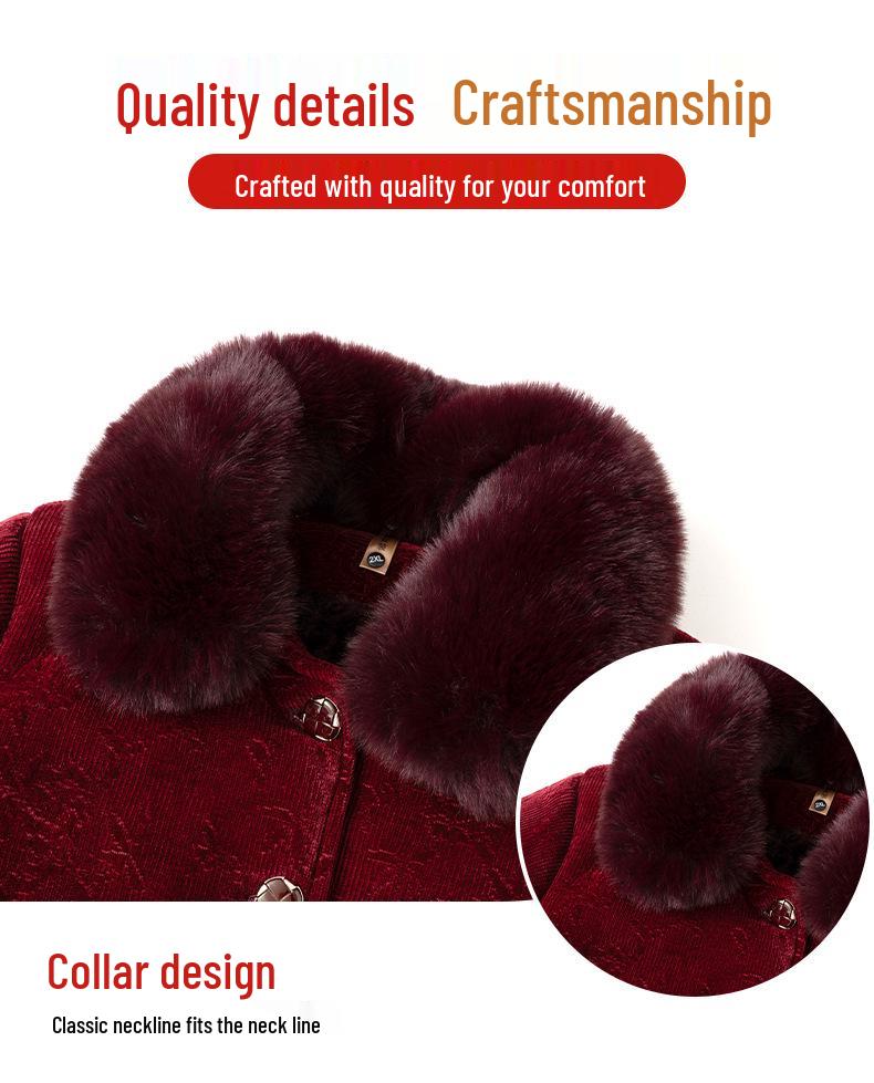 Winter Velvet-Lined Cotton Jacket with Fur Collar for Middle-Aged and Elderly Women – Embroidered Pockets