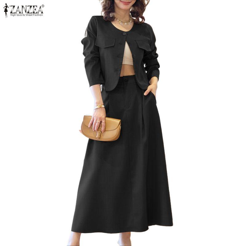 ZANZEA Blusa a Maniche Lunghe da Donna e Gonne Casual Set Completi Due Pezzi