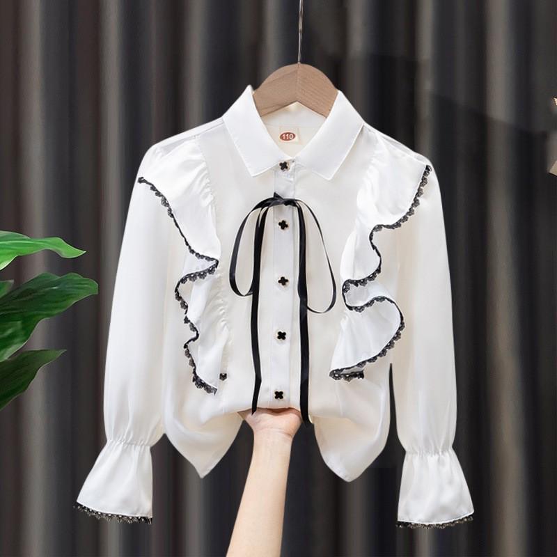 

Дівчача біла сорочка з довгим рукавом та мереживом - Весняно-осіння шкільна форма, костюм для виступів. Size 150 cm