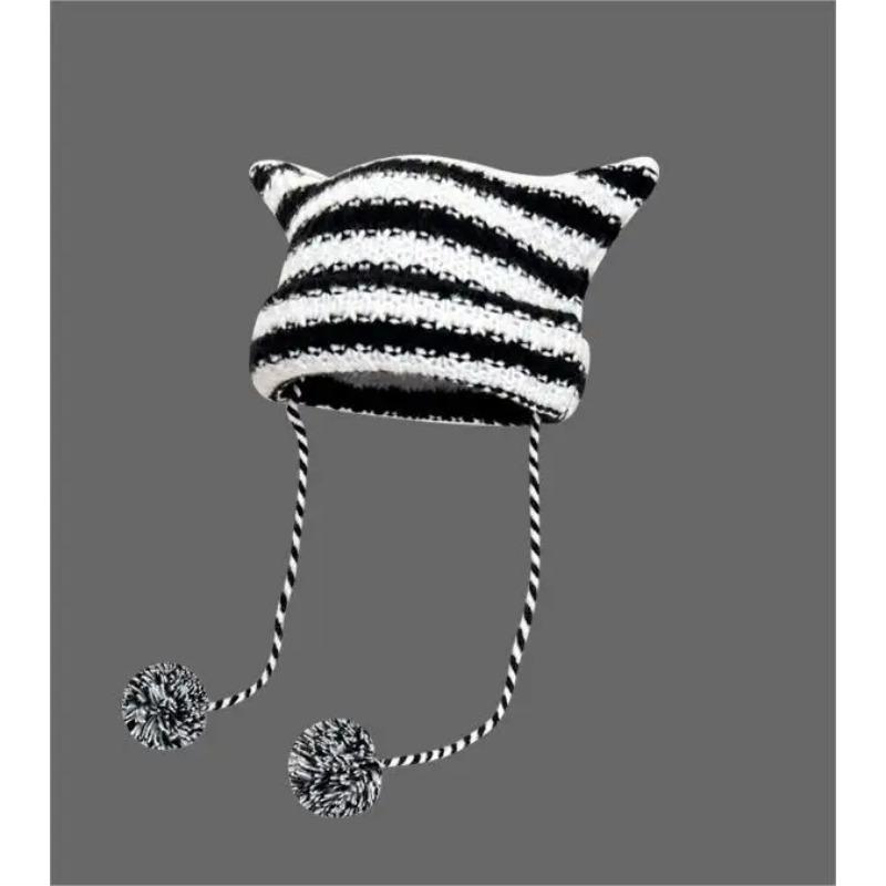 Japanese Streetwear Harajuku Beanie Hat Little Devil Striped Knitted Hat ForWomen Girls Autumn Winter Cute Cat Ears Cap