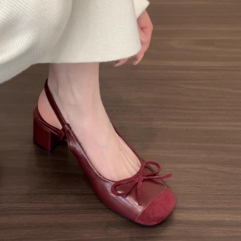 Fashion Bow Women Heeled Sandals Fashion Shallow Mid Heels Shoes Elegant Chunky Pumps 2025 Summer Slingback Designer Mary Jane Shoes