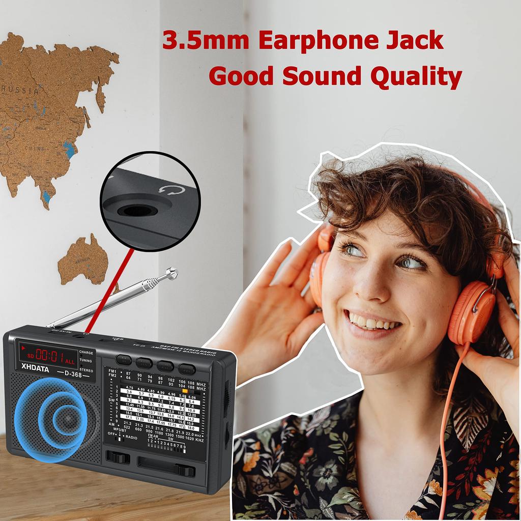 XHDATA D368 Portable Shortwave Radio, FM AM SW 12-Band DSP Stereo Radio with MP3 Player, Wireless, High-Sensitivity Reception Support, Micro SD Card