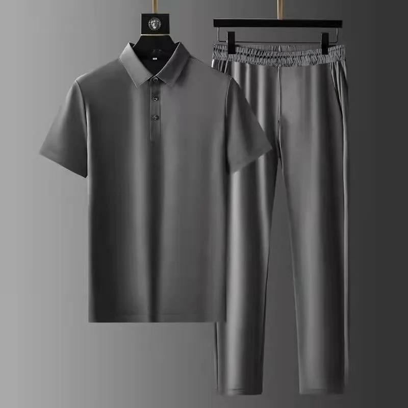 Moda de Verano Color Sólido Cómodo Transpirable Traje Deportivo para Hombre Negocios Ocio Talla Holgada Conjunto de Dos Piezas M-4XL
