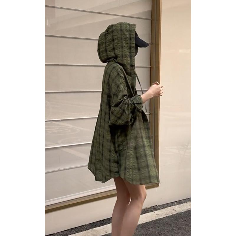 Hooded Plaid Long-sleeved Shirt Men and Women Loose Shirt Sun Protection Jacket American Retro Thin Button Cardigan