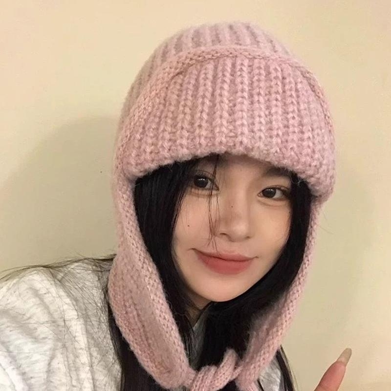 Ørebeskyttelse Strikkelue Vinter Varm Kuldebestandig Flylue Ensfarvet Ull Heklet Luer Koreansk Dame Beanie